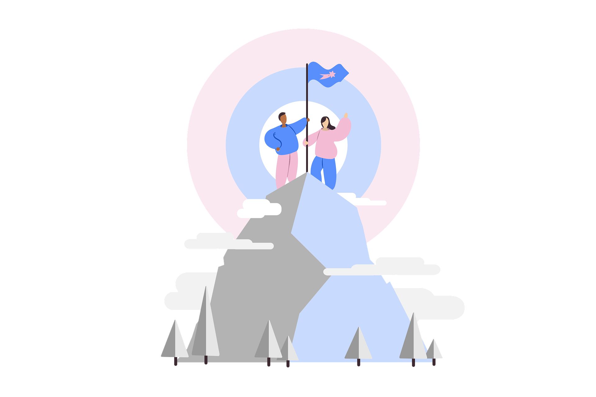 Two animated people on a mountain